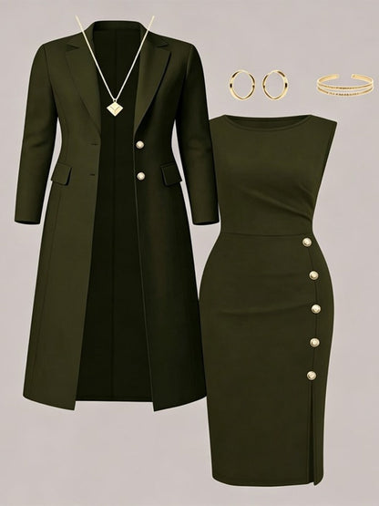 Séverine | Ensemble blazer long et robe sans manches à boutons dorés