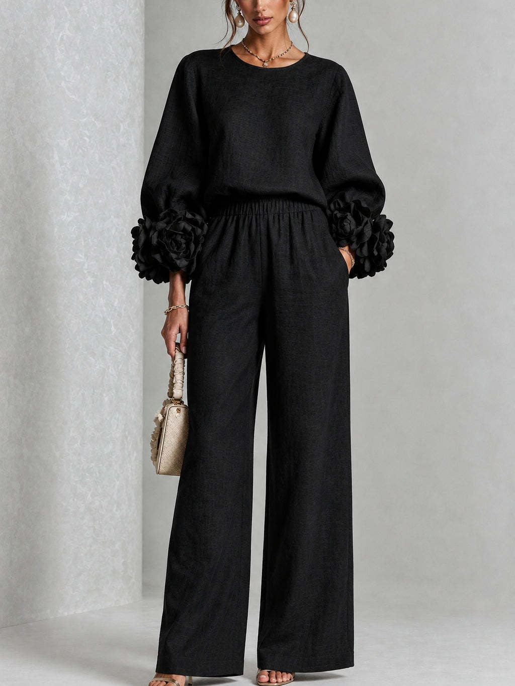 Liliane | Ensemble deux pièces à poignets à rosaces et pantalon large