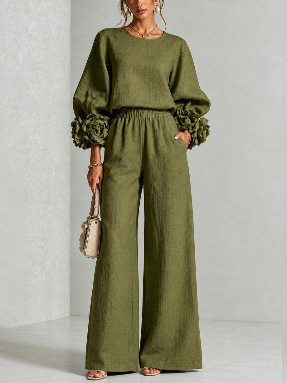 Liliane | Ensemble deux pièces à poignets à rosaces et pantalon large