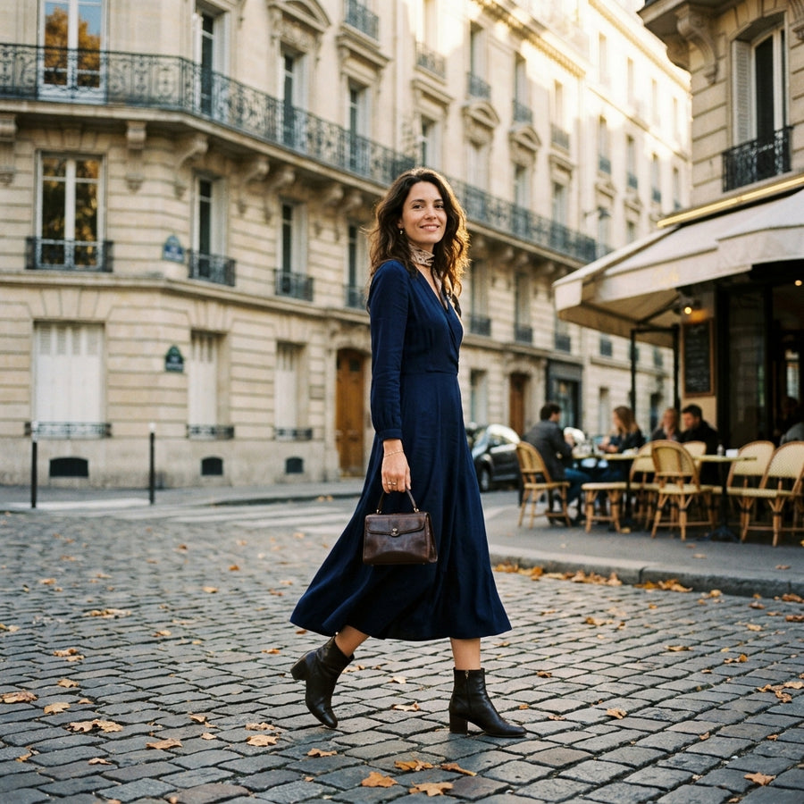Femme en robe midi dans une rue de Paris