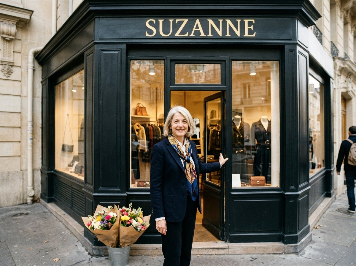 Suzanne devant sa boutique le jour de l’ouverture, en 2001
