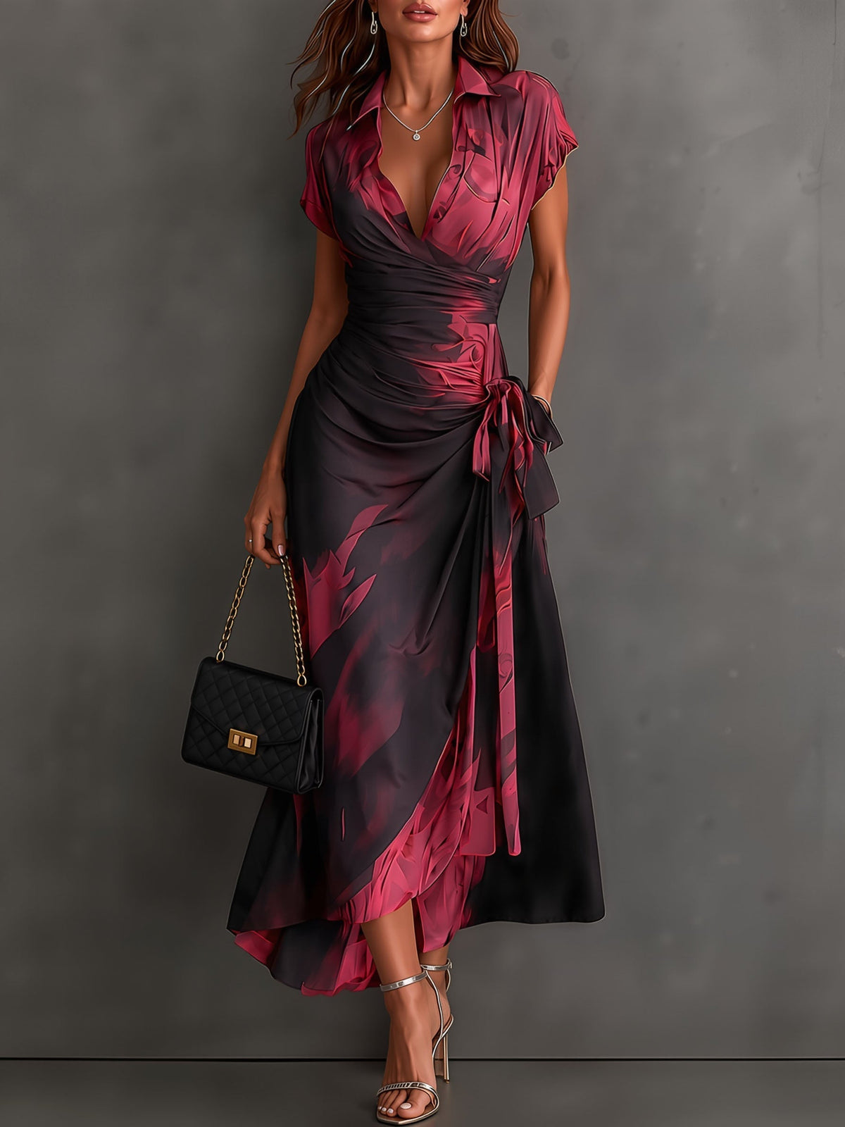 Celeste | Robe portefeuille midi à imprimé abstrait et ourlet à volants