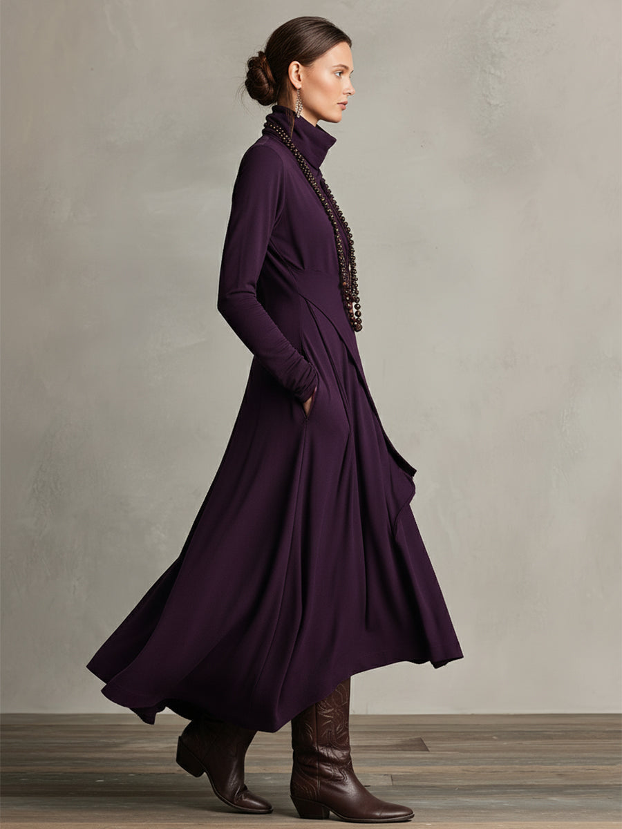 Rosalind | Robe longue bohème à col roulé et drapé asymétrique