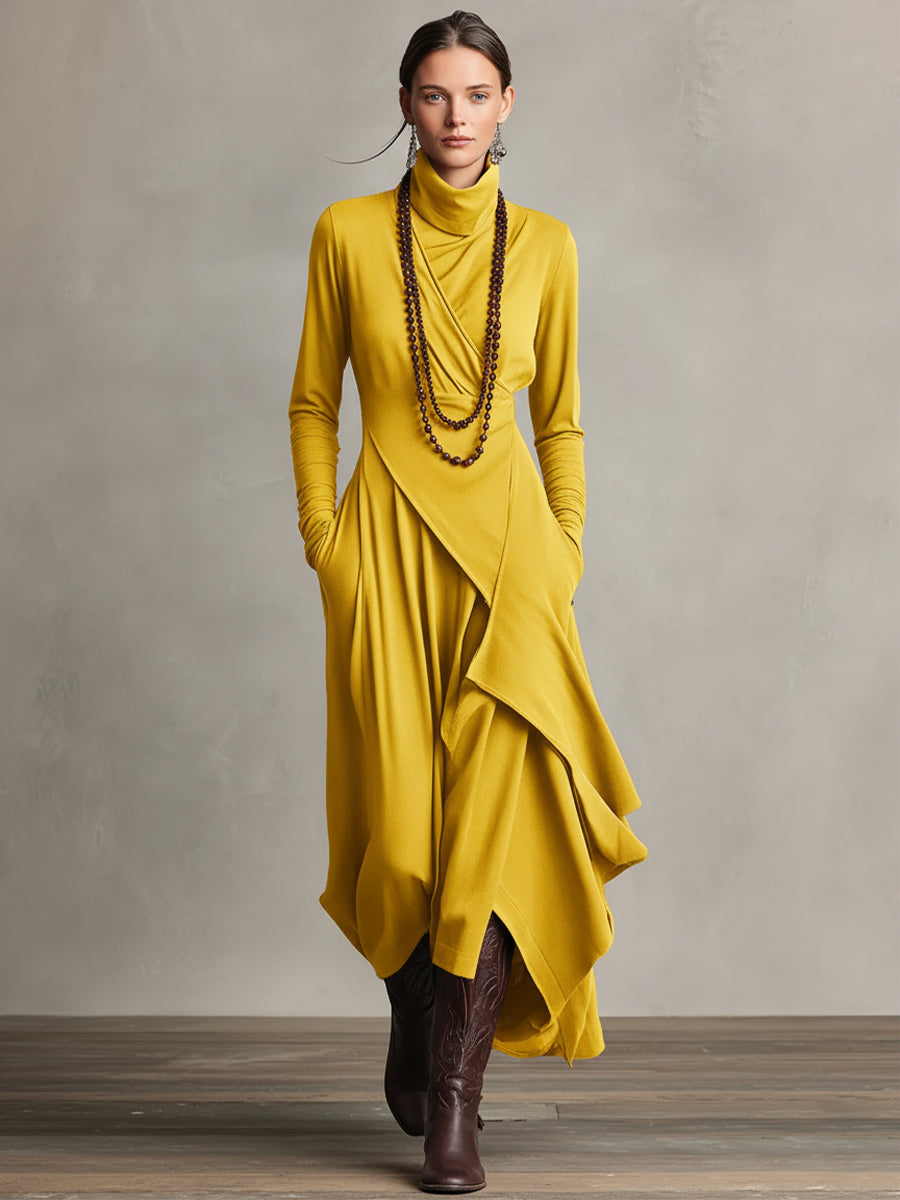 Rosalind | Robe longue bohème à col roulé et drapé asymétrique