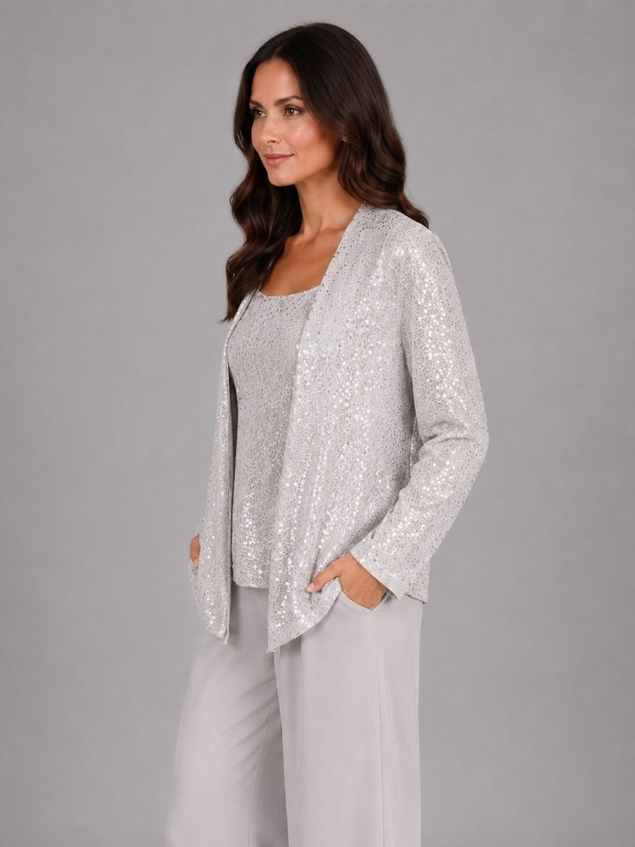Capucine | Ensemble trois pièces avec veste ouverte à paillettes, top et pantalon large