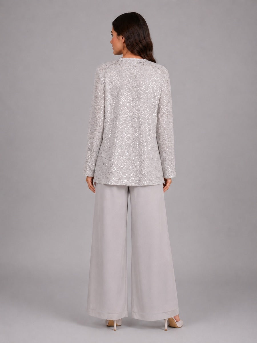 Capucine | Ensemble trois pièces avec veste ouverte à paillettes, top et pantalon large