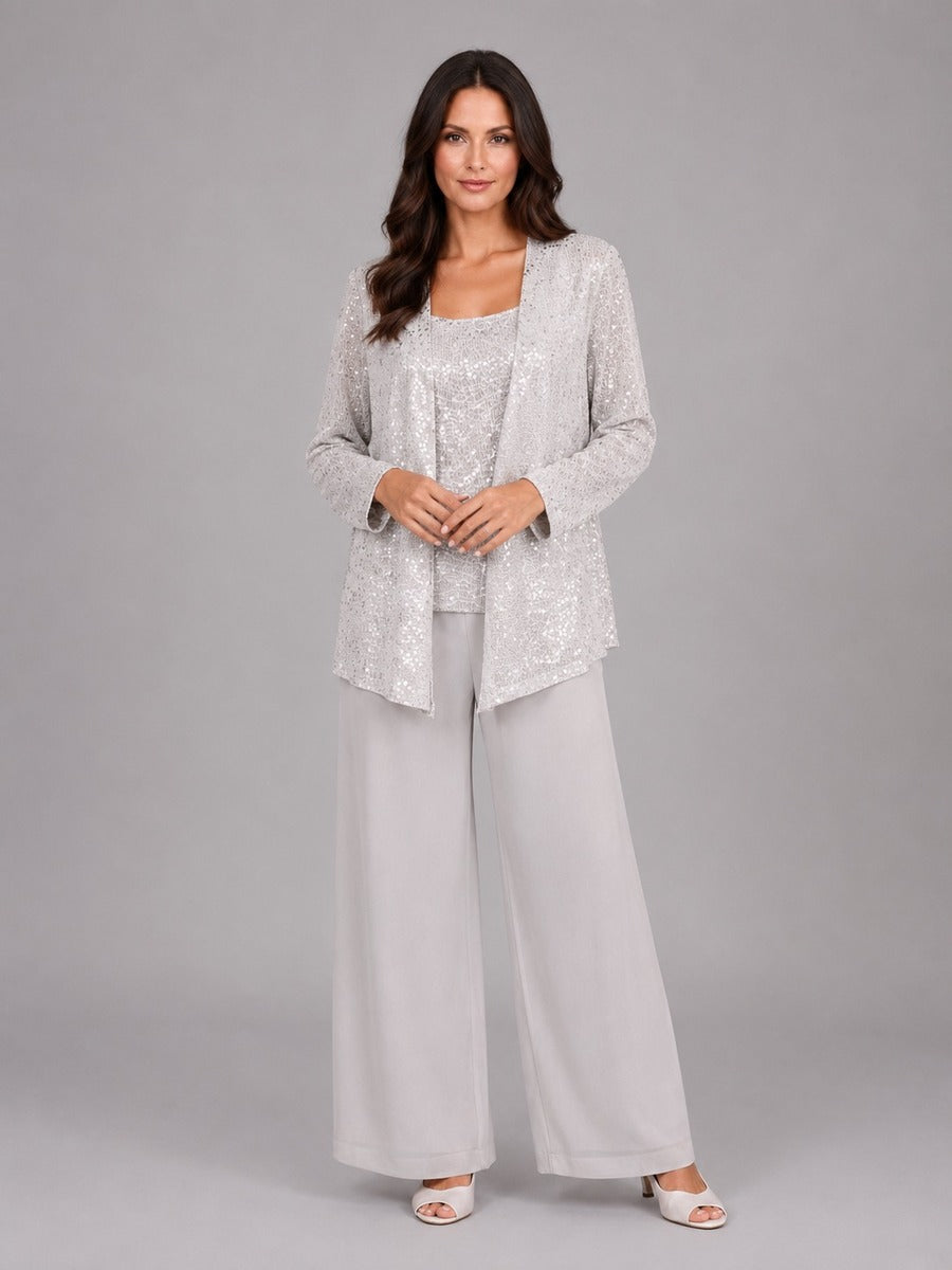 Capucine | Ensemble trois pièces avec veste ouverte à paillettes, top et pantalon large