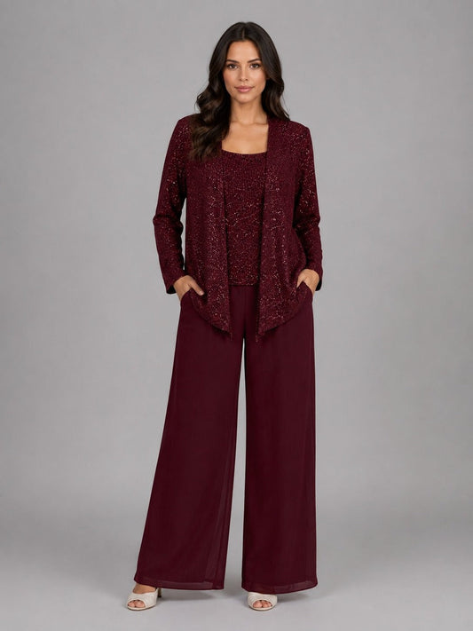 Capucine | Ensemble trois pièces avec veste ouverte à paillettes, top et pantalon large