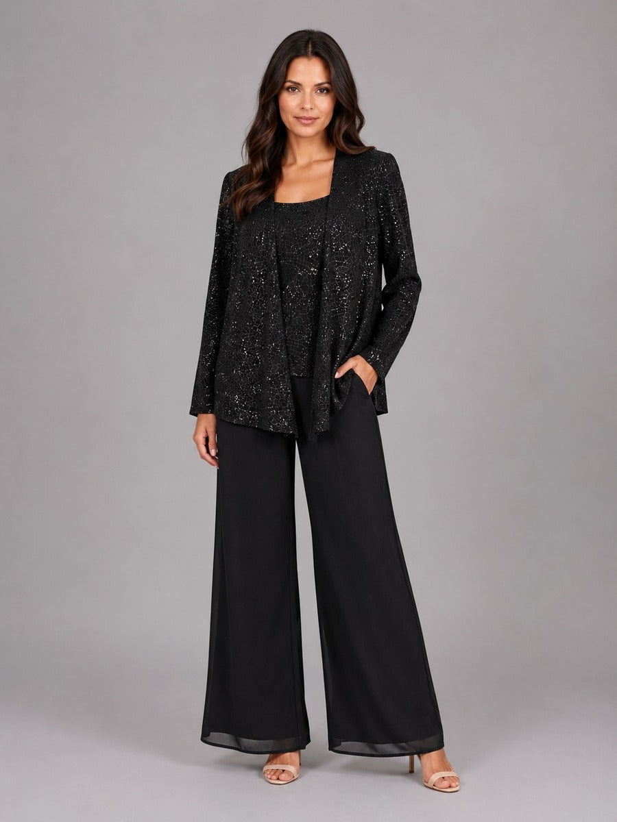 Capucine | Ensemble trois pièces avec veste ouverte à paillettes, top et pantalon large