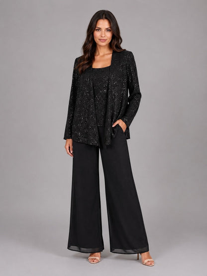 Capucine | Ensemble trois pièces avec veste ouverte à paillettes, top et pantalon large