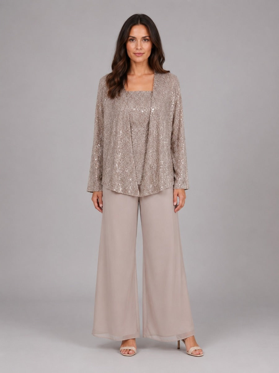 Capucine | Ensemble trois pièces avec veste ouverte à paillettes, top et pantalon large