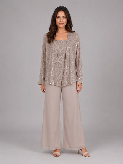 Capucine | Ensemble trois pièces avec veste ouverte à paillettes, top et pantalon large